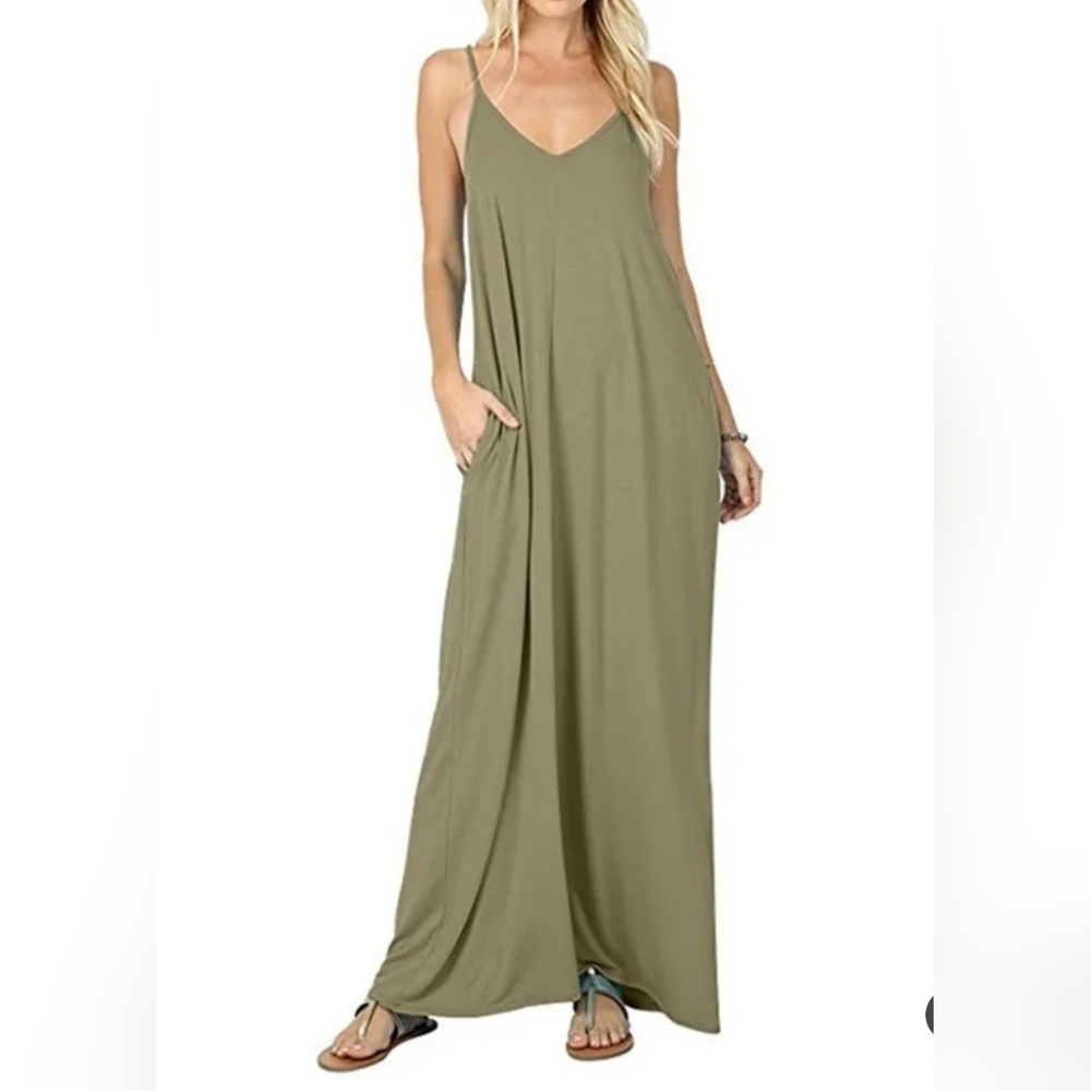Zenana Cami Spaghetti Strap Dark Army Green Maxi Dress With Pockets Size M - Picture 2 of 6